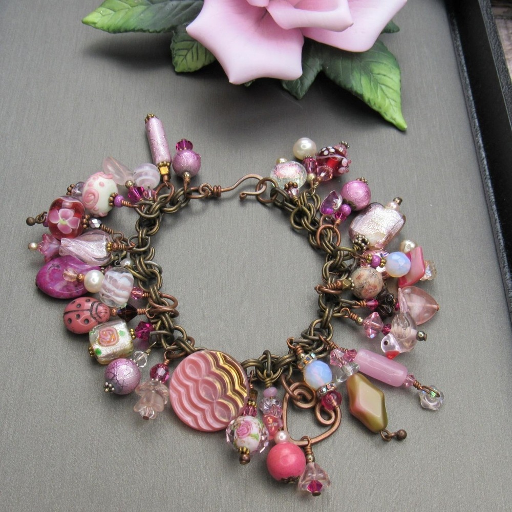 Vintage 90's Pink Art Glass Artisian Charms Bracelet 8" Roses Lady Bug Bird More